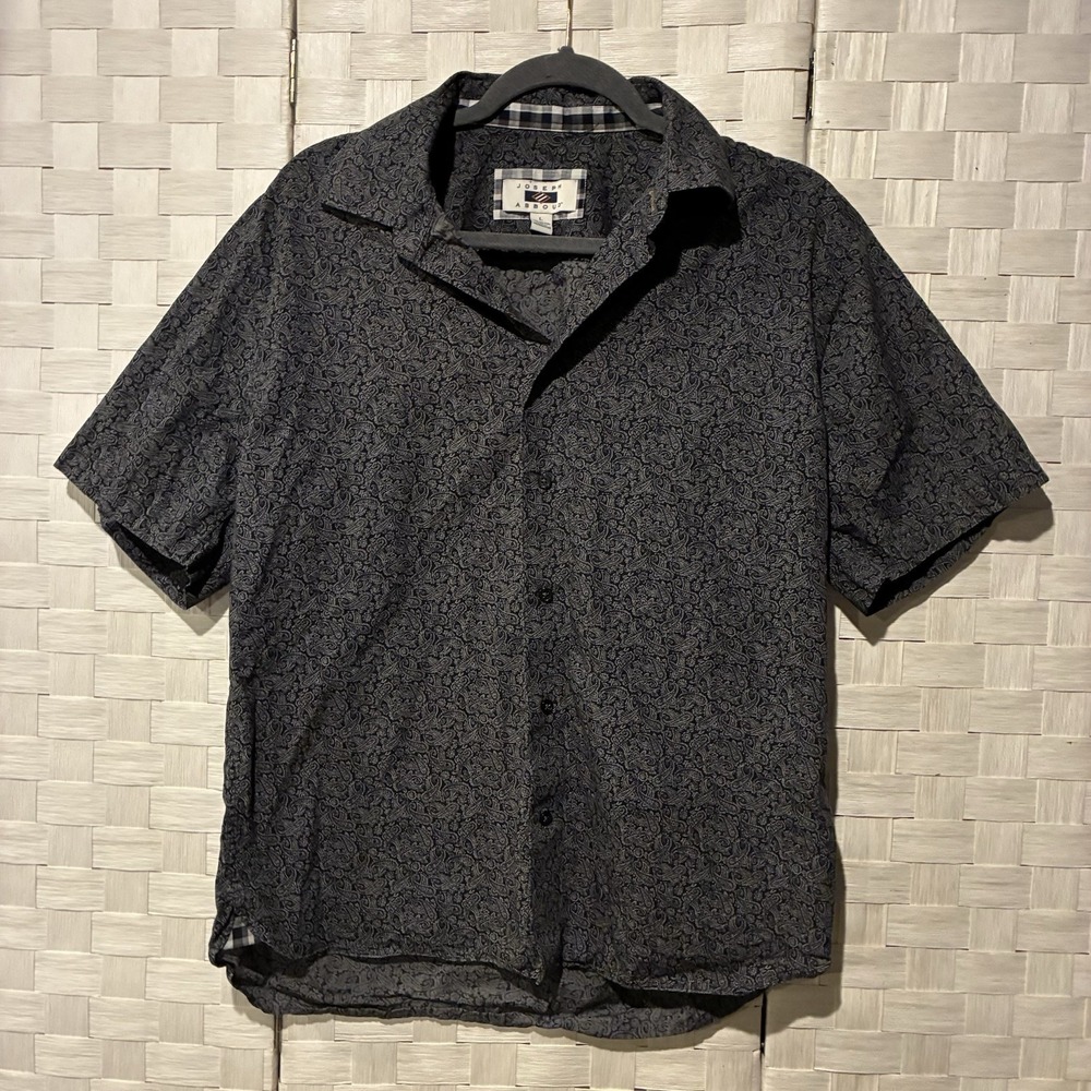 Joseph Abboud Mens Large Navy Blue Paisley 100% Cotton Short Sleeve Button Down